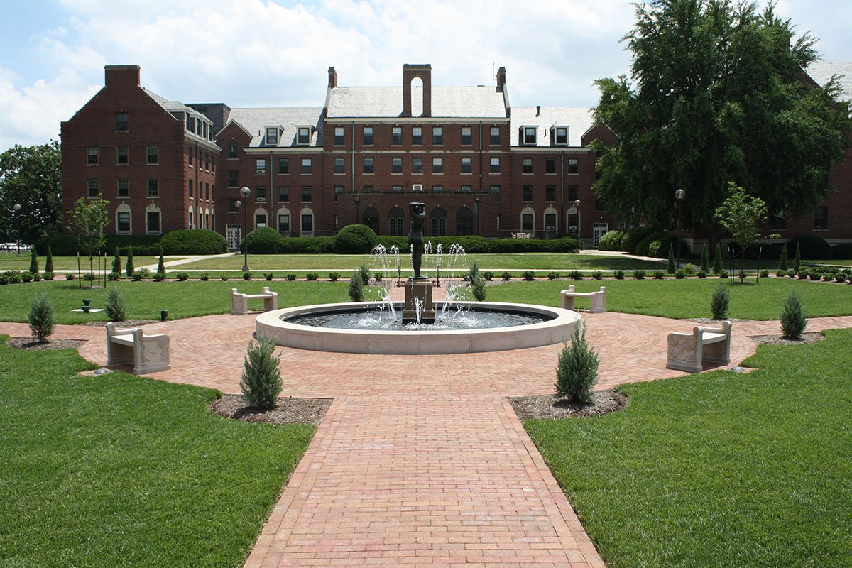 Restored Ball Nurses’ Residence Garden, with Fountain and Statue of Flo, IUPUI campus, 2016.   James Glass